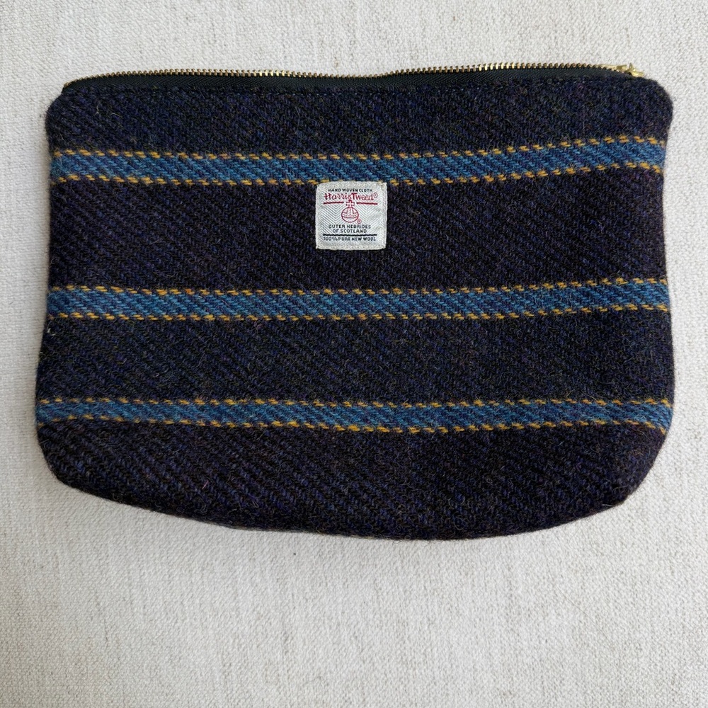 Harris Tweed Navy Striped Toiletry or Accessory Pouch with Gold Zip